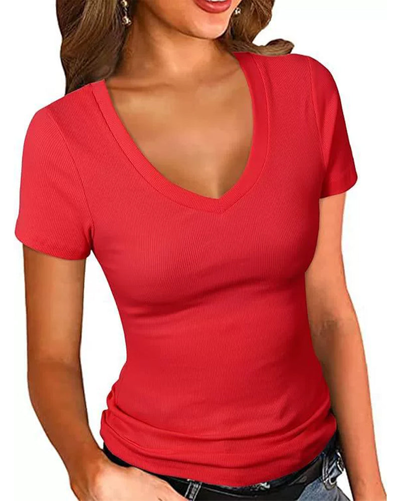 Ribbed Slim Fit V-Neck Short Sleeve T-Shirt