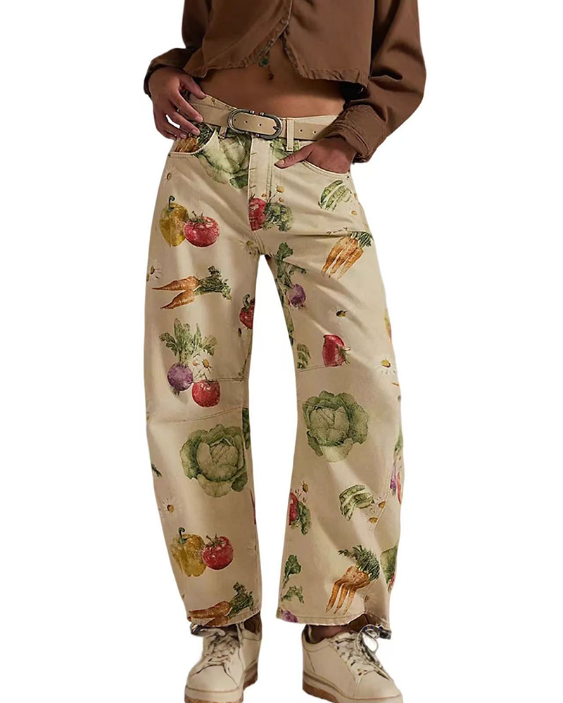 Loose Fit Print Mid Rise Jeans