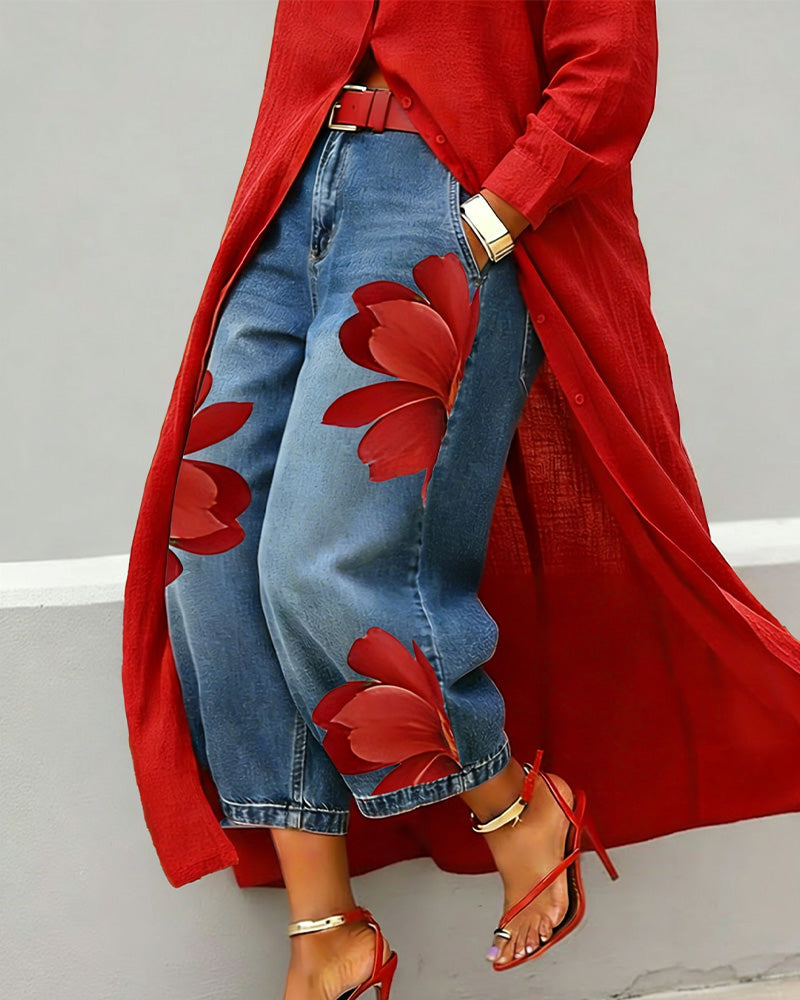 Floral Print Cropped Wide Leg Jeans