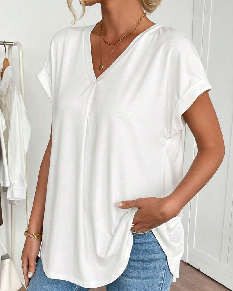 Short-Sleeved Solid Color Patchwork T-Shirt