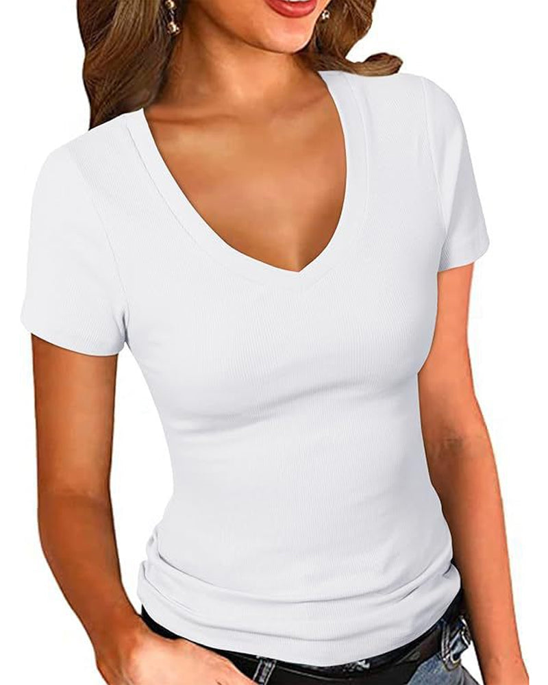 Ribbed Slim Fit V-Neck Short Sleeve T-Shirt