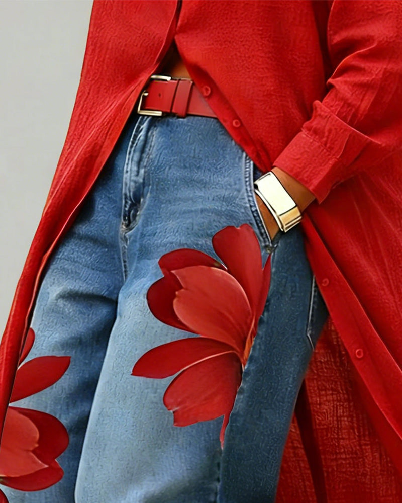 Floral Print Cropped Wide Leg Jeans