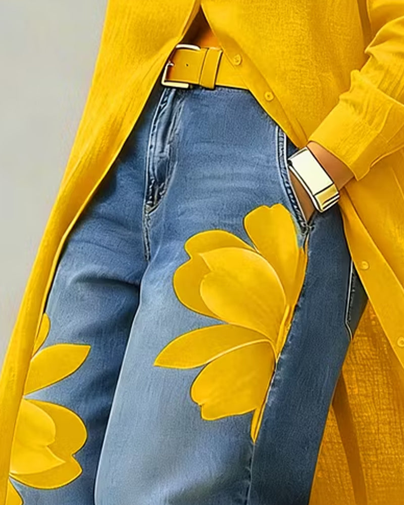 Floral Print Cropped Wide Leg Jeans