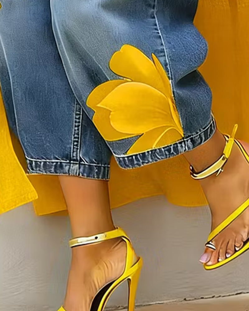 Floral Print Cropped Wide Leg Jeans