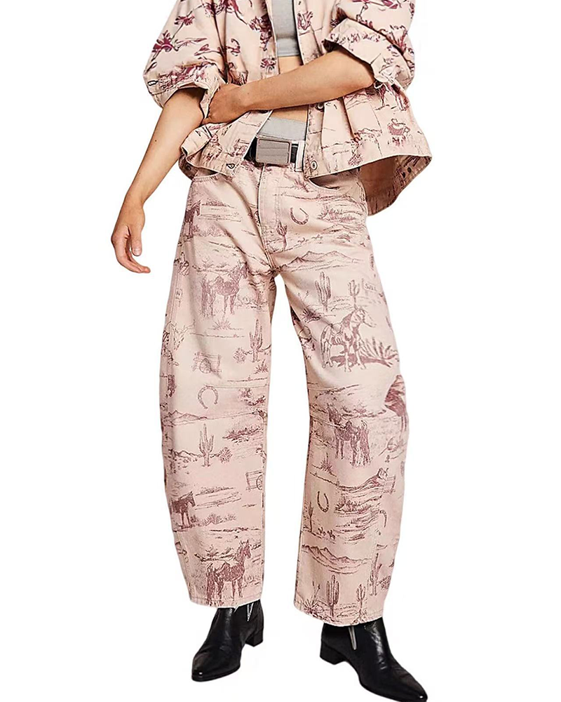 Loose Fit Print Mid Rise Jeans