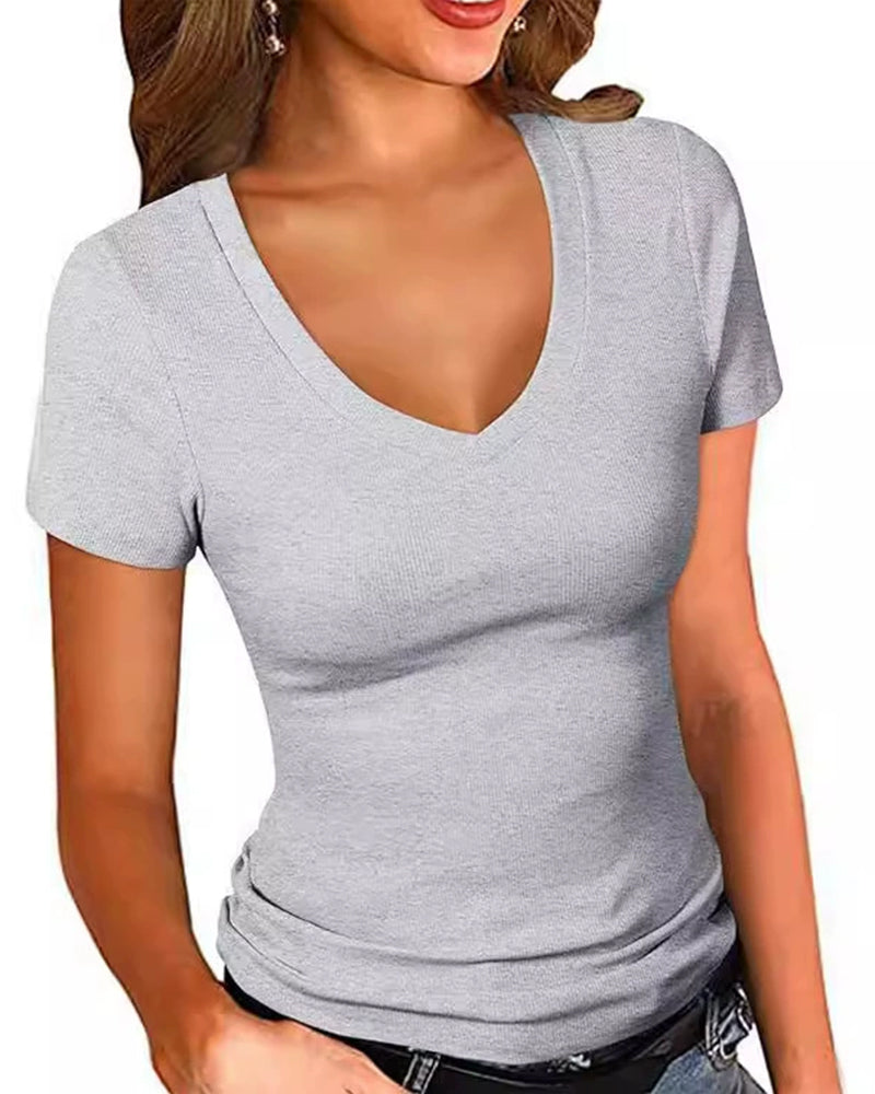 Ribbed Slim Fit V-Neck Short Sleeve T-Shirt