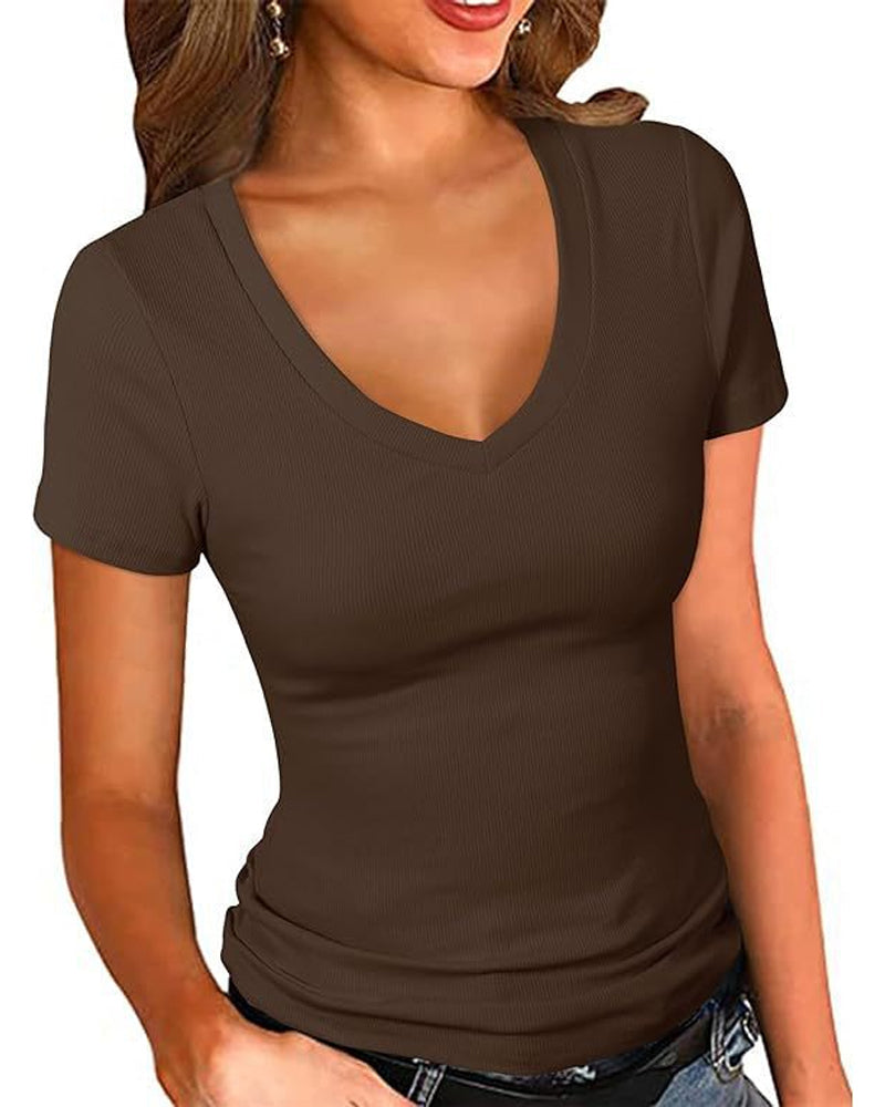 Ribbed Slim Fit V-Neck Short Sleeve T-Shirt