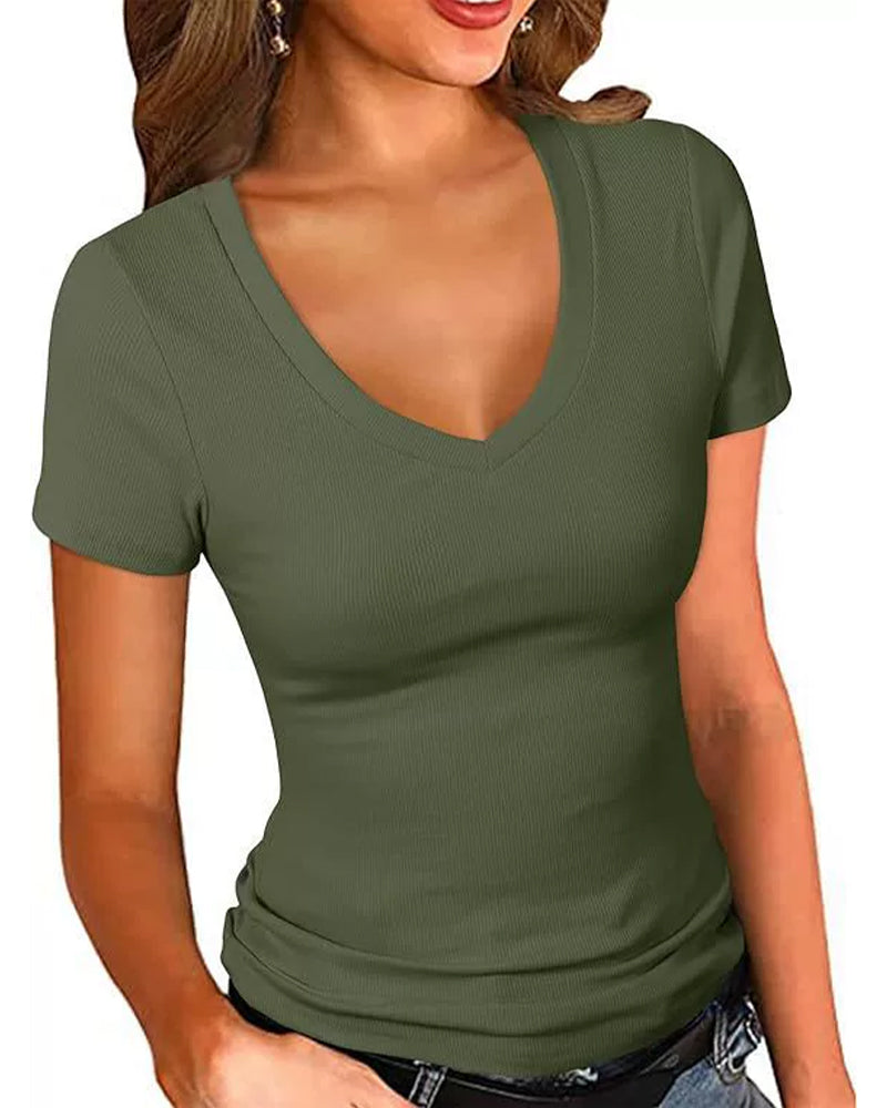Ribbed Slim Fit V-Neck Short Sleeve T-Shirt