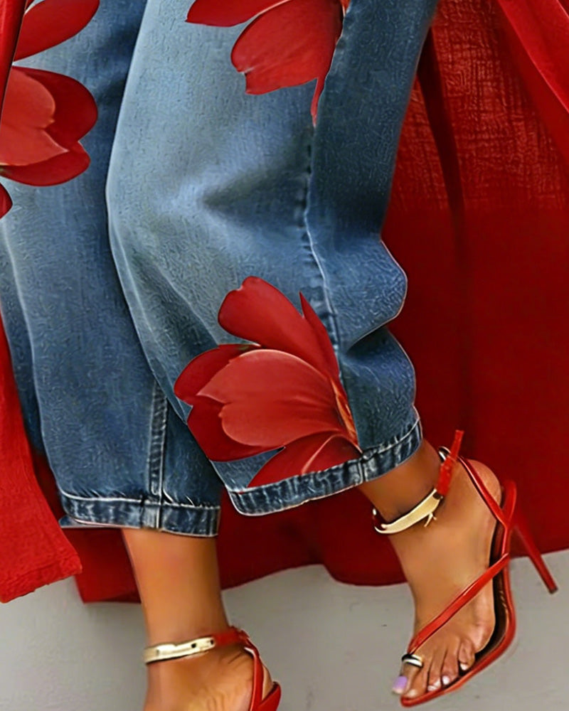 Floral Print Cropped Wide Leg Jeans