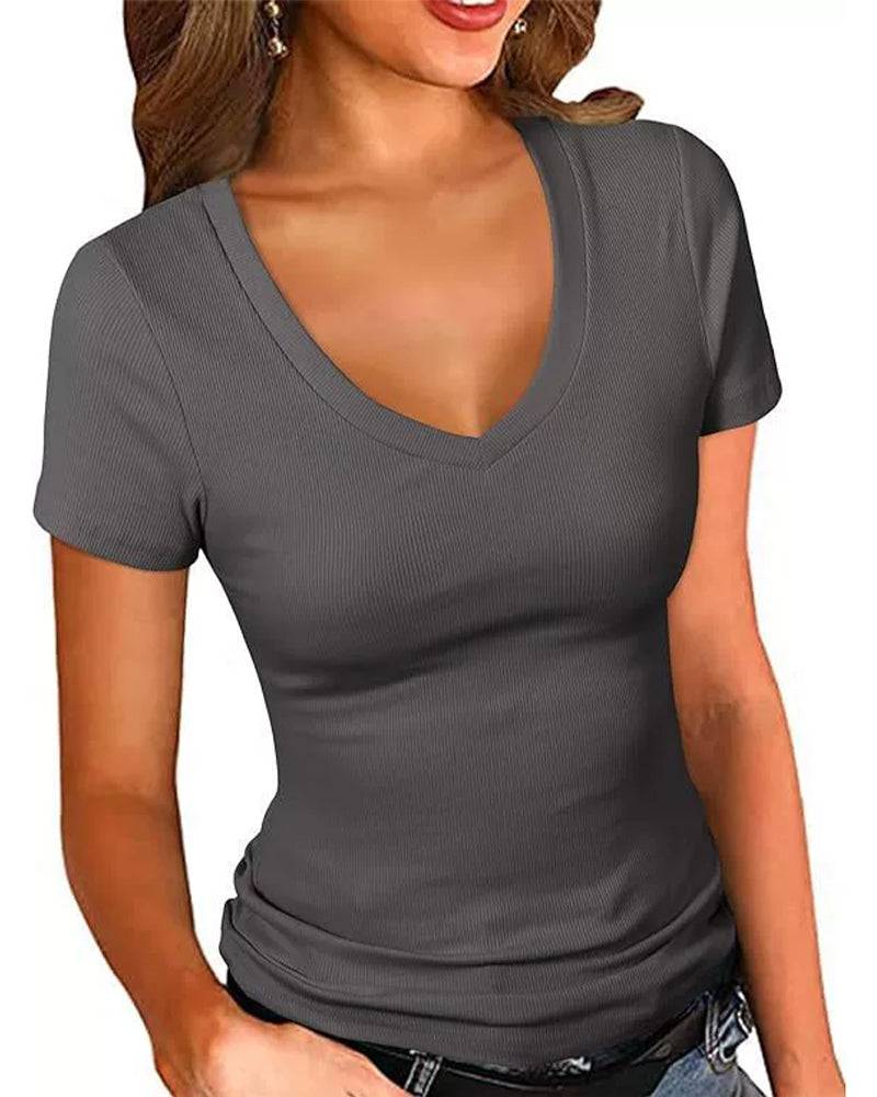 Ribbed Slim Fit V-Neck Short Sleeve T-Shirt