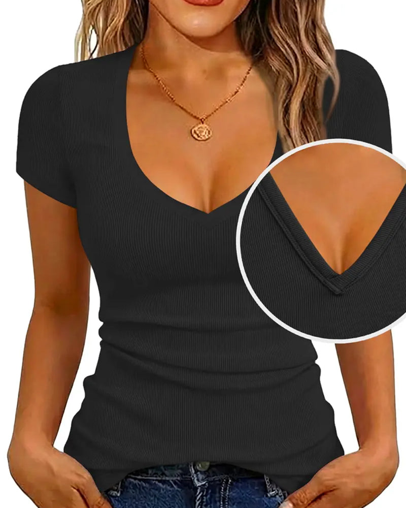 Ribbed Slim Fit V-Neck Short Sleeve T-Shirt