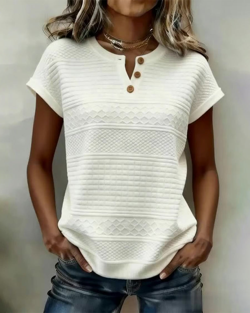 Button Small V-Neck Cable Short-Sleeved T-Shirt