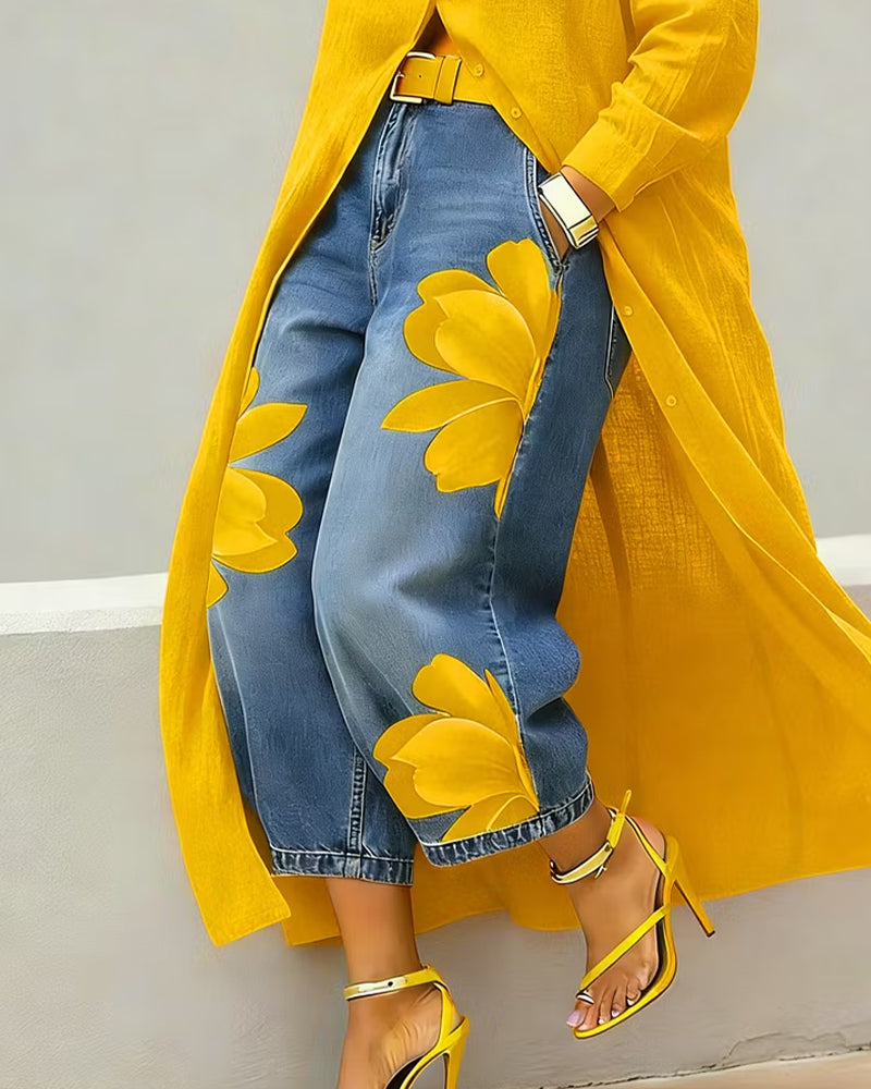 Floral Print Cropped Wide Leg Jeans